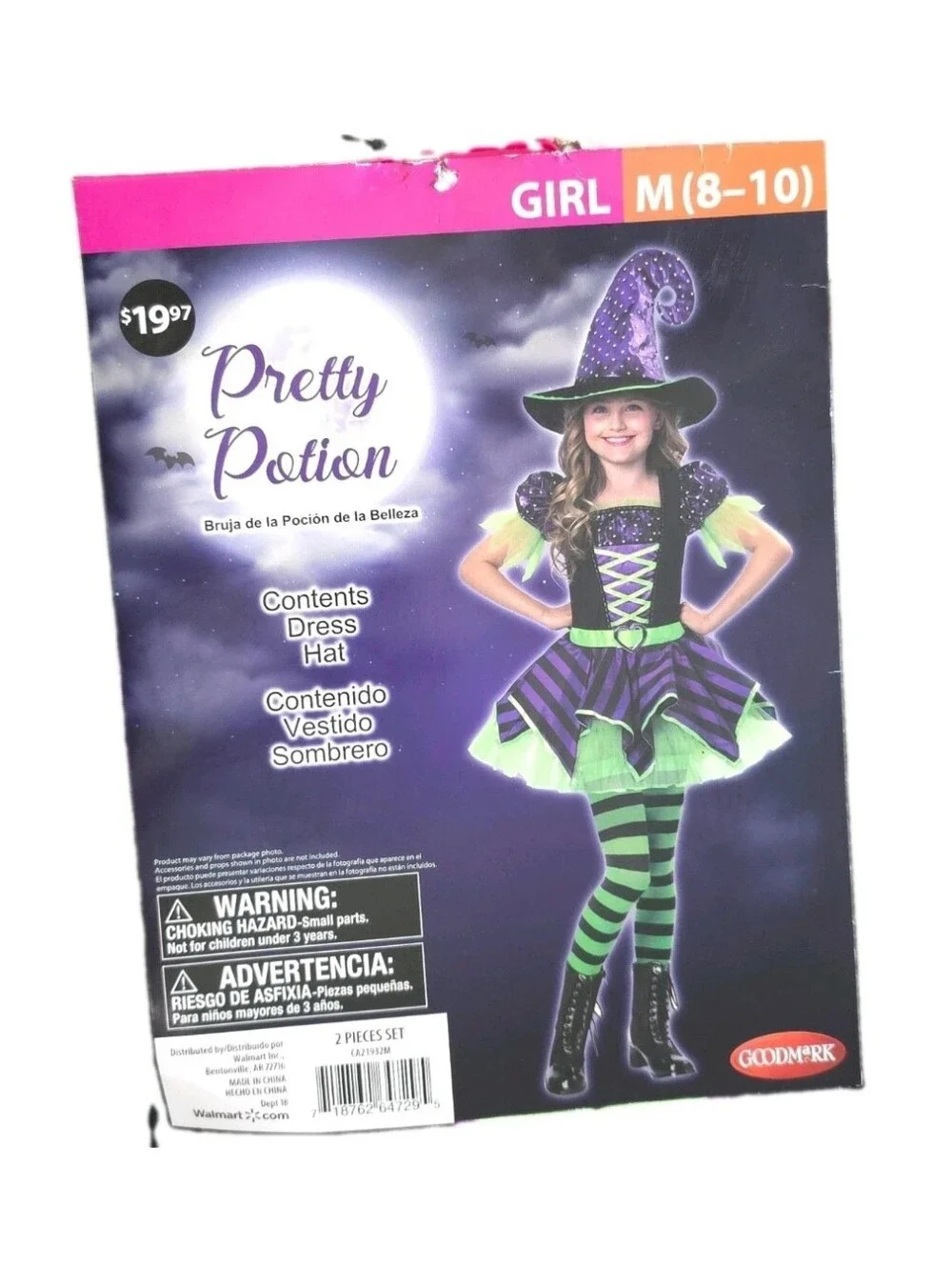 Goodmark Costume Girls Size 8-10 Witch Halloween Dress Hat Pretty Potion Medium